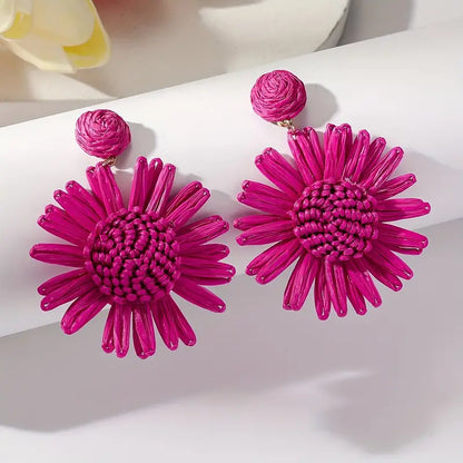 Hand-woven Raffia Sun Flower Dangle Earrings